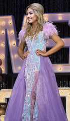 Ava Presley 38892 Long Fitted Prom Dress Sequin Lace Off the Shoulder Feather Slit Skirt Train