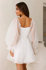 Story Book Long Sleeve Mini Dress White